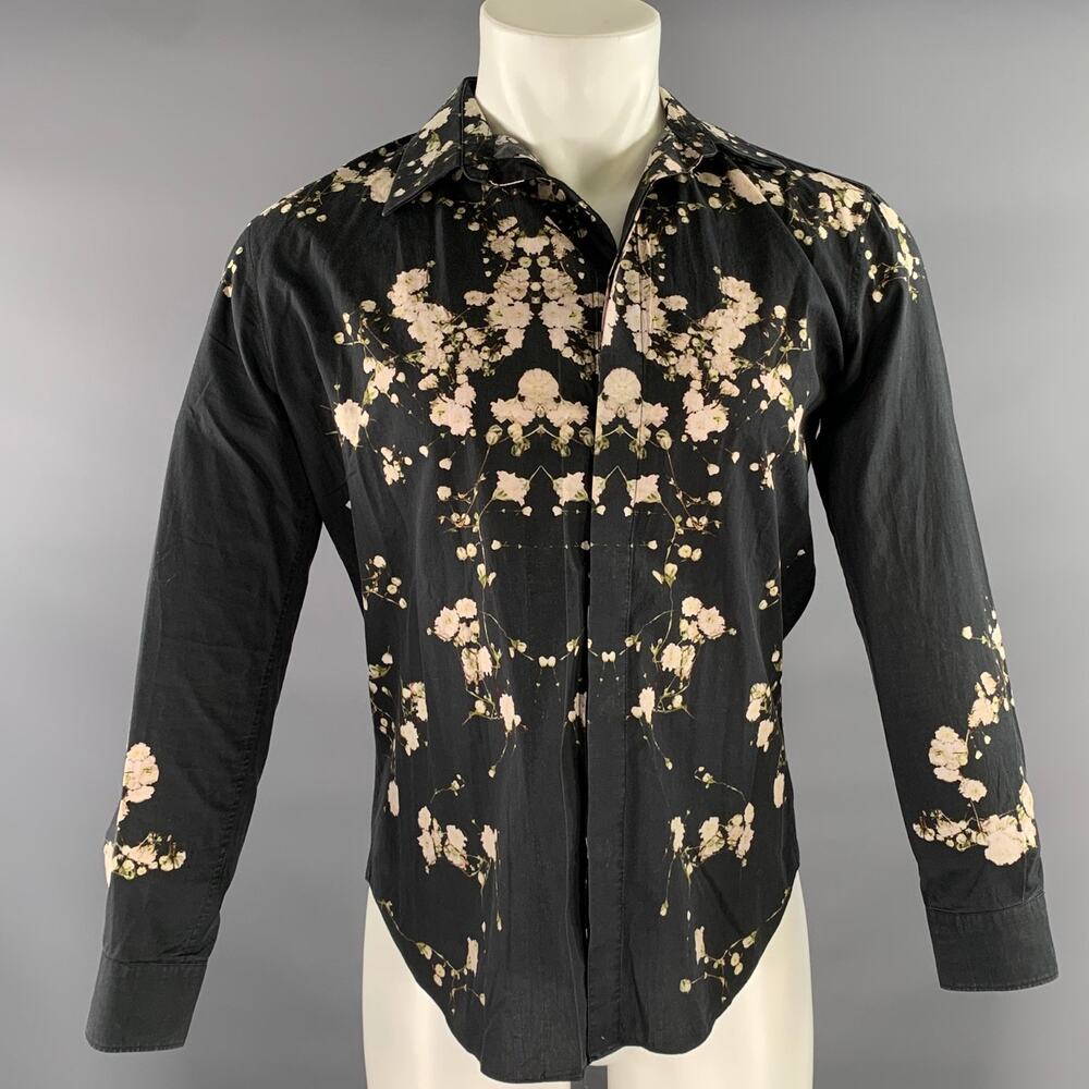 GIVENCHY Size S Black Rose Green Floral Cotton Long Sleeve Shirt